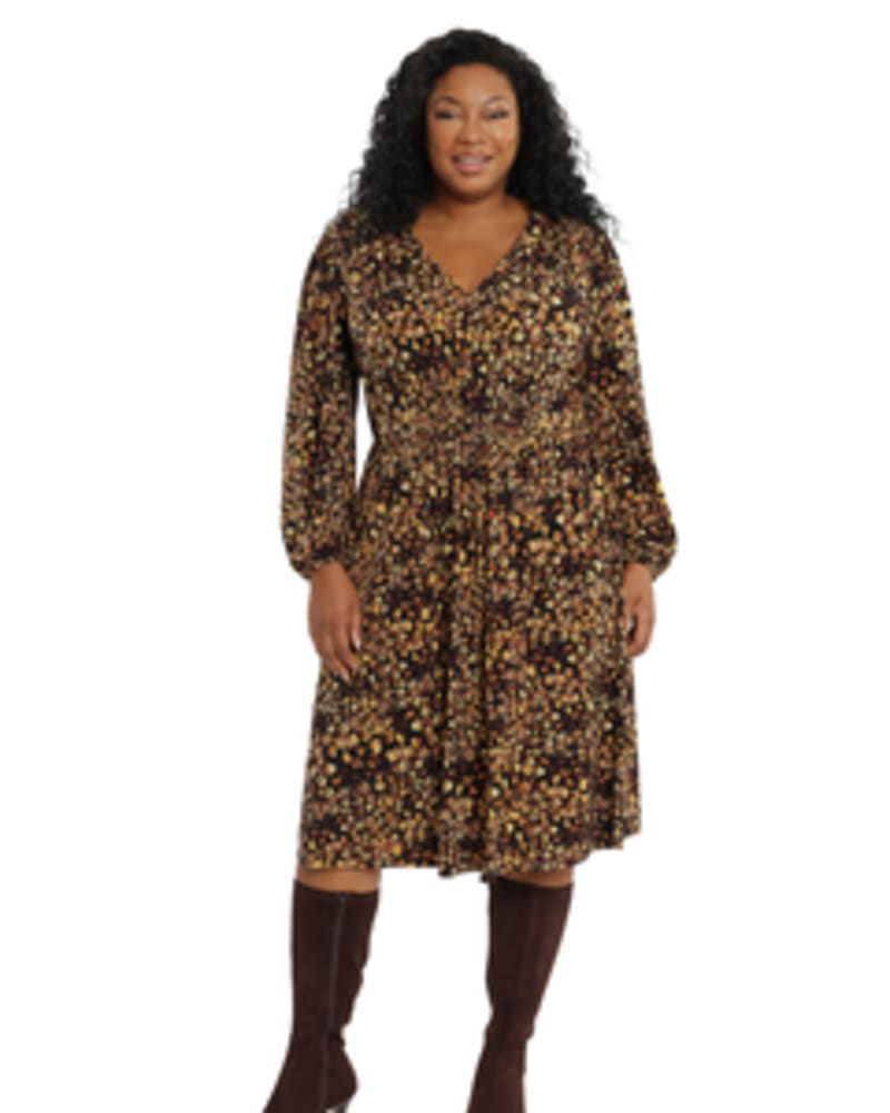 Front of a model wearing a size 1X Floral-Print Smocked Midi Dress in Black/Rust by London Times. | dia_product_style_image_id:254837